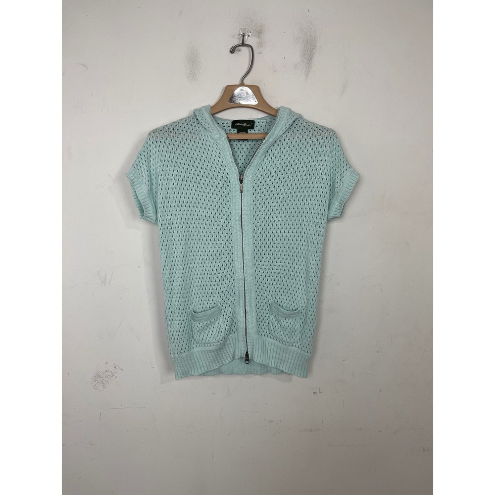 Eddie Bauer Women Linen Cotton Pointelle Knit Full‎ Zip Short Sleeve Hoodie Aqua